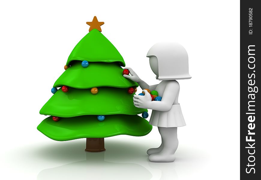 Character is decorating christmas tree. Character is decorating christmas tree