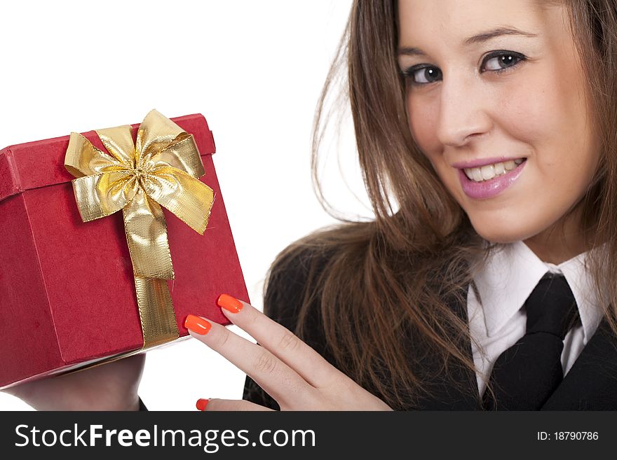 A beautiful woman smiling and holding a gift red box. A beautiful woman smiling and holding a gift red box