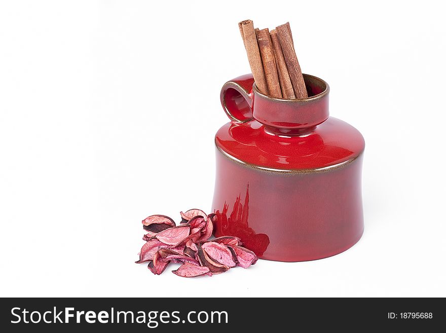 Cinnamon sticks in the vase as a decoration, Bird's-eye view. Cinnamon sticks in the vase as a decoration, Bird's-eye view