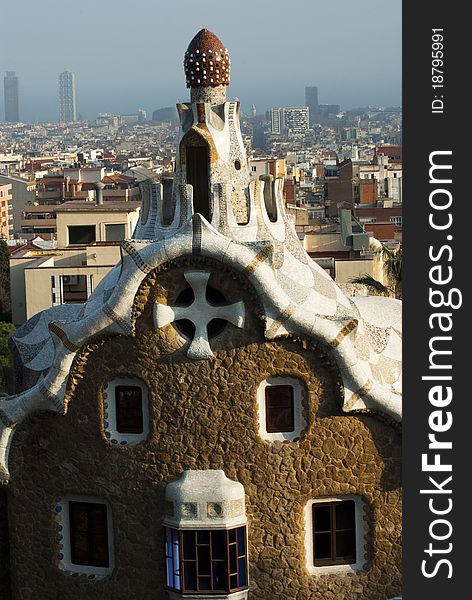 Park Guell, Montana Pelada, Barcelona, Spain - close-up view with the city in the background