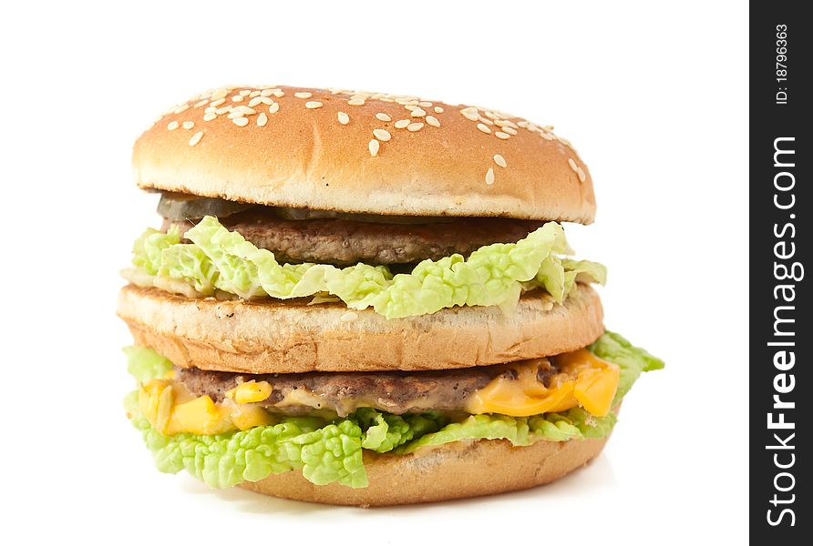 Double cheeseburger on a white background