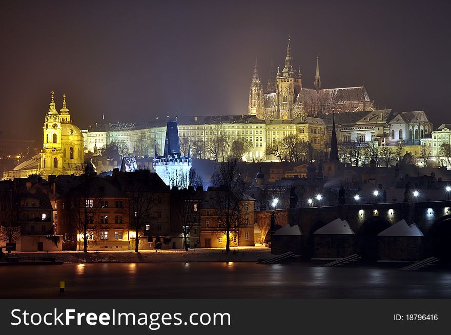 Prague Castle and Charles Bridge at night