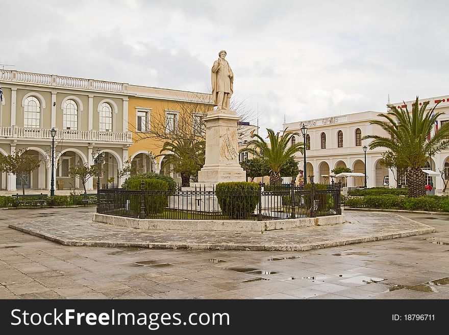 The statue of Dionisios Solomos, the poet of the Greek anthem, in Zakynthos town. The statue of Dionisios Solomos, the poet of the Greek anthem, in Zakynthos town