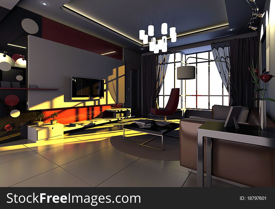 Interior fashionable living-room 3D rendering. Interior fashionable living-room 3D rendering