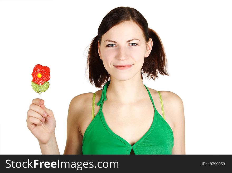 Girl In Green Shirt Holding Flower Lollipop