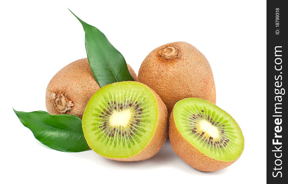 Fresh Kiwi with leaves on a white background