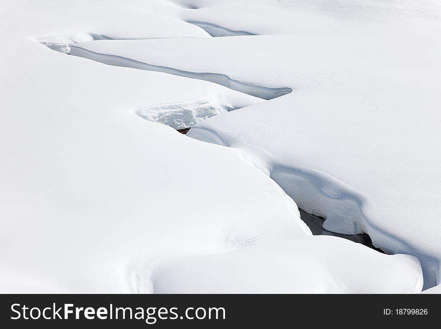 Mountain torrent in the snow during winter