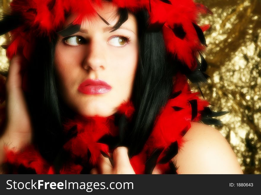 Beautiful young woman wearing black and red feathers.