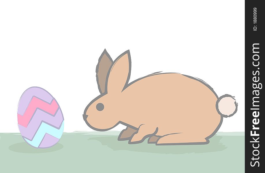 A cautious easter bunny checks out an easter egg by sniffing.