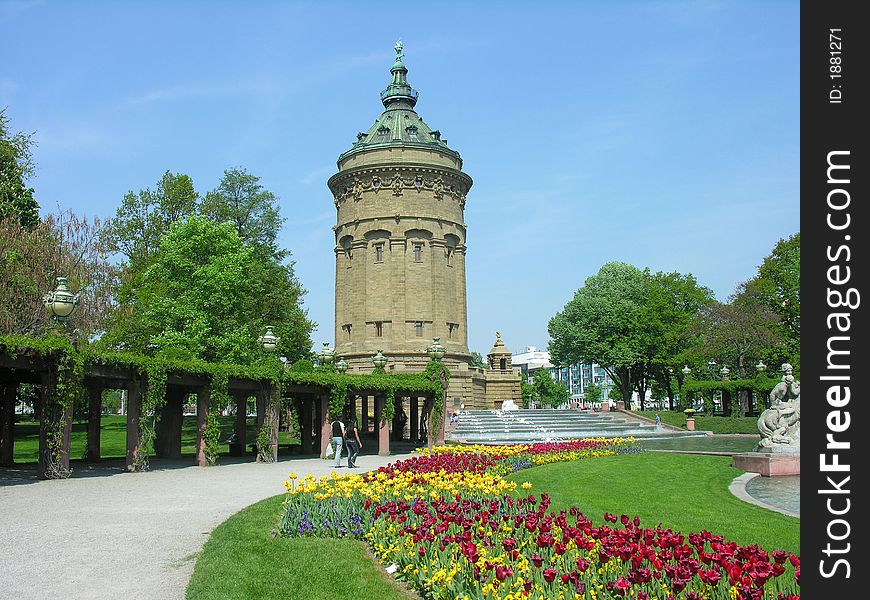 The old water tower in Mannheim in summer time. The old water tower in Mannheim in summer time.
