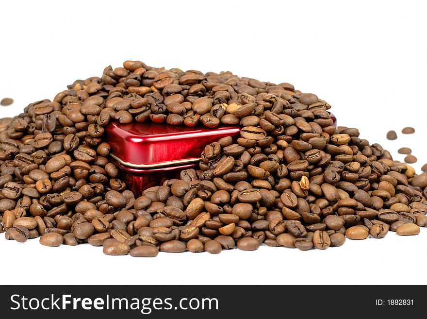 Red gift box covered in a stack of coffee beans