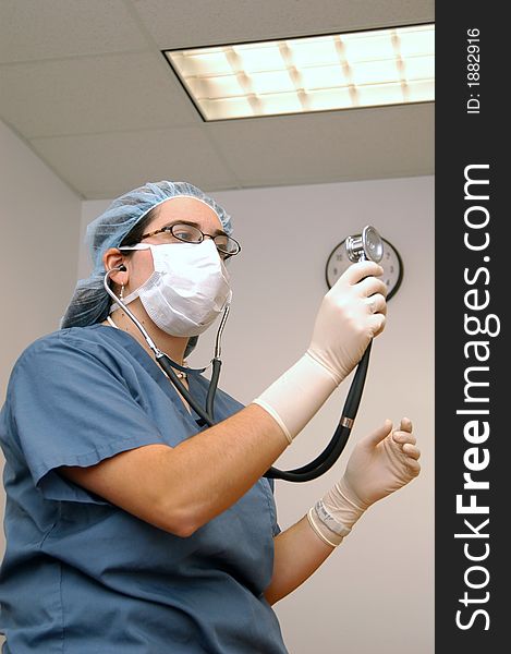 Lady doctor is holding stethoscope. Lady doctor is holding stethoscope