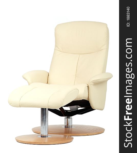 Off-white leather recliner chair with matching footstool. Perspective view isolated on white. Off-white leather recliner chair with matching footstool. Perspective view isolated on white.