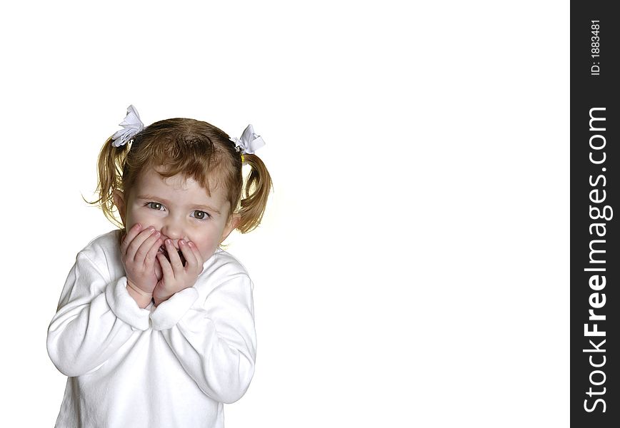 Little girl dressed in white making faces expressions. Little girl dressed in white making faces expressions