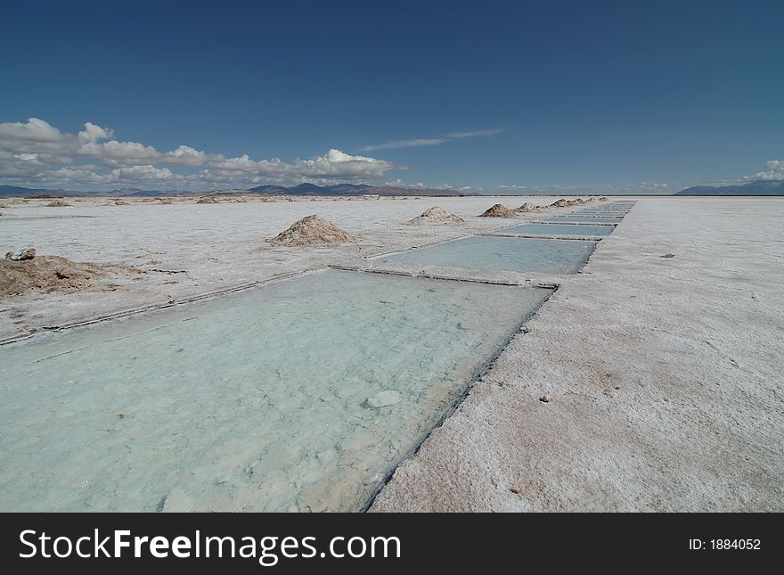 Picture showing a salt lake landscape, called salinas grande, near Argentina. This is where salt is exploited. Picture showing a salt lake landscape, called salinas grande, near Argentina. This is where salt is exploited.