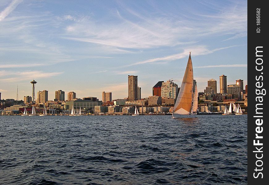 Sailing away from Seattle in Elliott Bay. Sailing away from Seattle in Elliott Bay