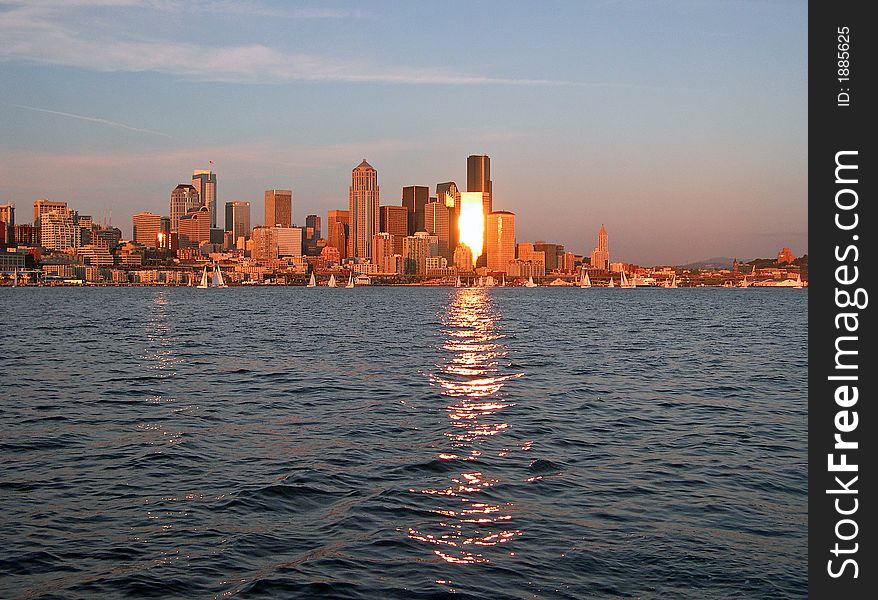 The sunsets glowing reflection on Seattle, WA