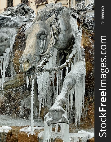 Frozen Fountain In Lyon (france)