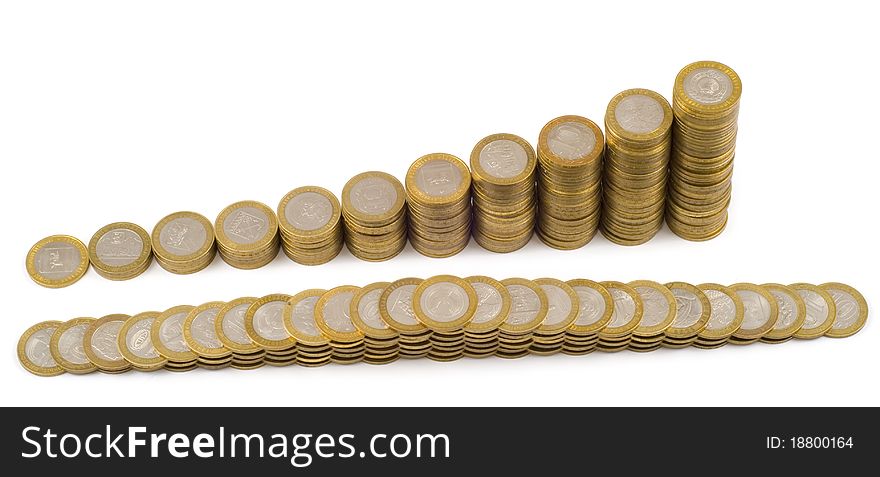 Columns from coins on a white background