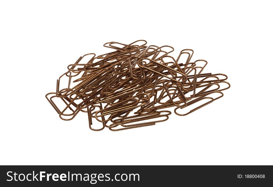 Isolated close-up many paper clips on white background