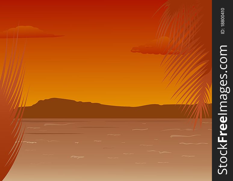 Illustration sea landscape with mountains sunset - vector