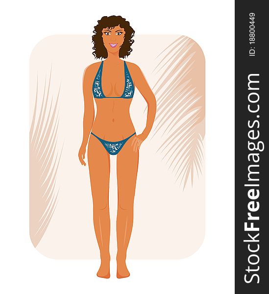 Illustration brunette suntanned girl in bikini - vector