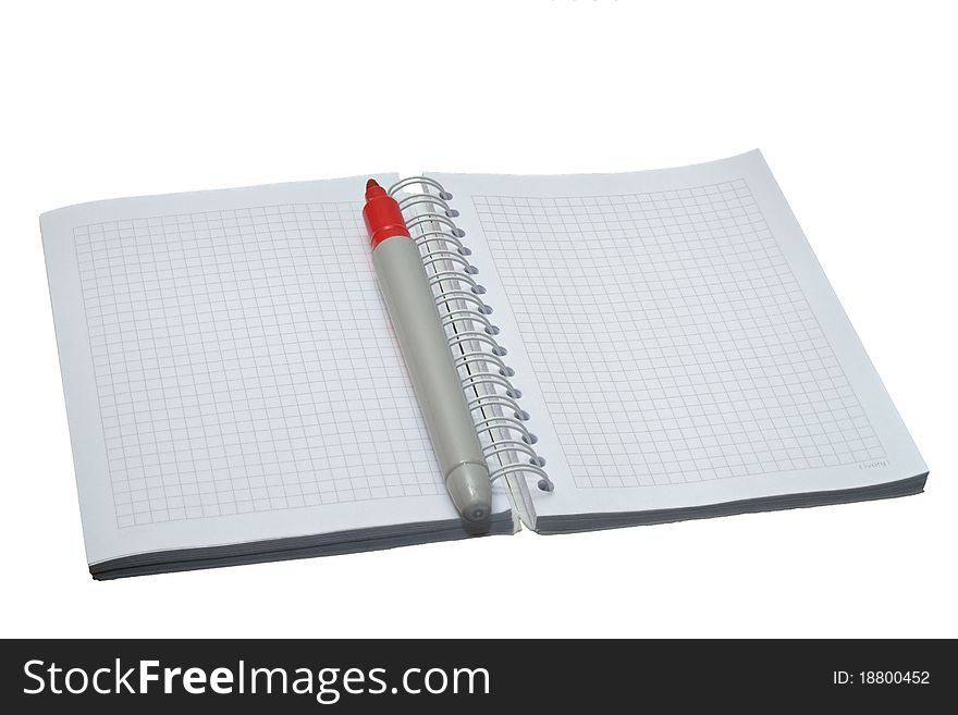 Isolated blank notebook with marker on white background