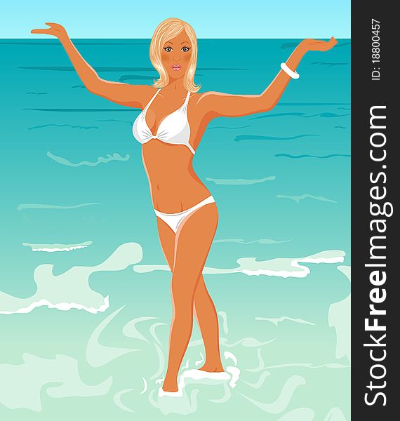 Illustration pretty blond girl on beach - vector