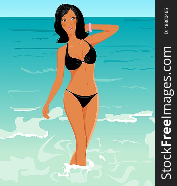 Illustration pretty suntanned girl on beach - vector