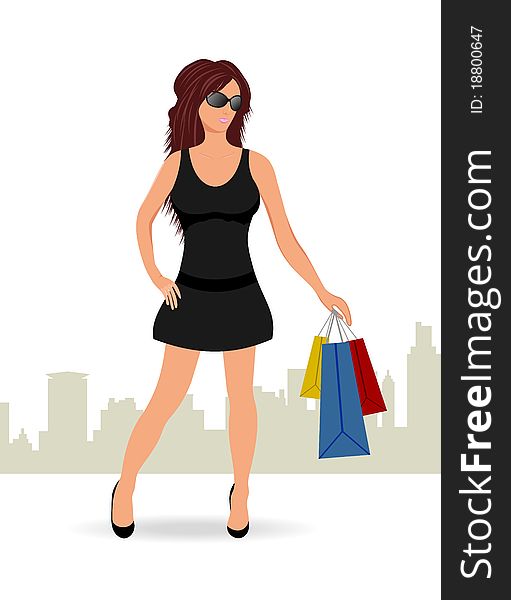 Illustration shopping girl with bags. Urban background - vector