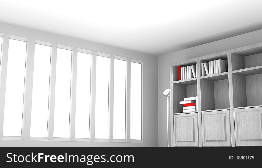 White room with white and red books with a lamp and open windows tall. White room with white and red books with a lamp and open windows tall