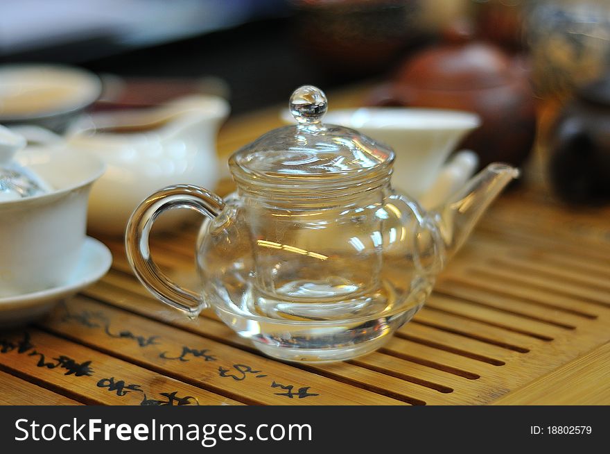 Special design glass tea pot and tea cups.