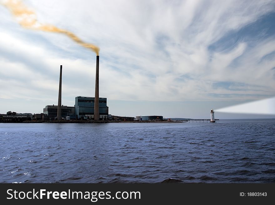 Smoke rising from a power generating station with lighthouse beams