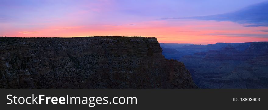 Plateau And Cliff In Silhouette At Sunset, Panoramic View, Grand Canyon National Park, Arizona, East Rim View, USA. Plateau And Cliff In Silhouette At Sunset, Panoramic View, Grand Canyon National Park, Arizona, East Rim View, USA