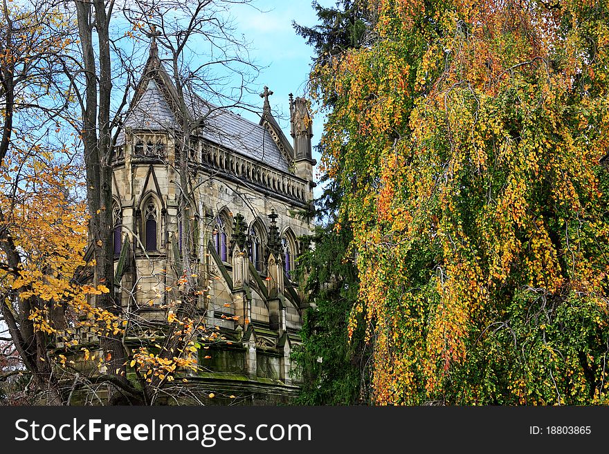 A Masoleum Modeled After A Gothic Cathedral In A Beautiful Arboretum / Cemetery Setting During Autumn, Southwestern Ohio, USA. A Masoleum Modeled After A Gothic Cathedral In A Beautiful Arboretum / Cemetery Setting During Autumn, Southwestern Ohio, USA