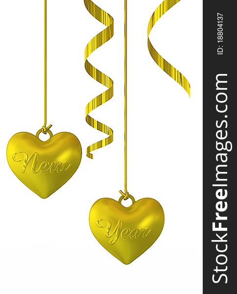 Two golden hearts with words new year. Two golden hearts with words new year