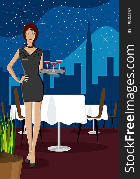 Illustration of gorgeous ladyserving food in restaurant. Illustration of gorgeous ladyserving food in restaurant