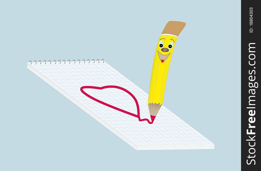The cheerful pencil draws on a notebook heart a. The cheerful pencil draws on a notebook heart a
