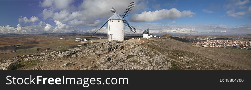 Medieval windmills in Consuegra, land of Don Quixote in Spain