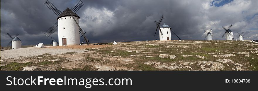 Medieval windmills in Campo de Criptana, land of Don Quixote in Spain