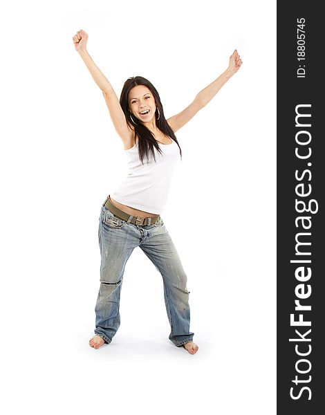 Beautiful happy young woman with her arms in the air. Isolated on white. Beautiful happy young woman with her arms in the air. Isolated on white.