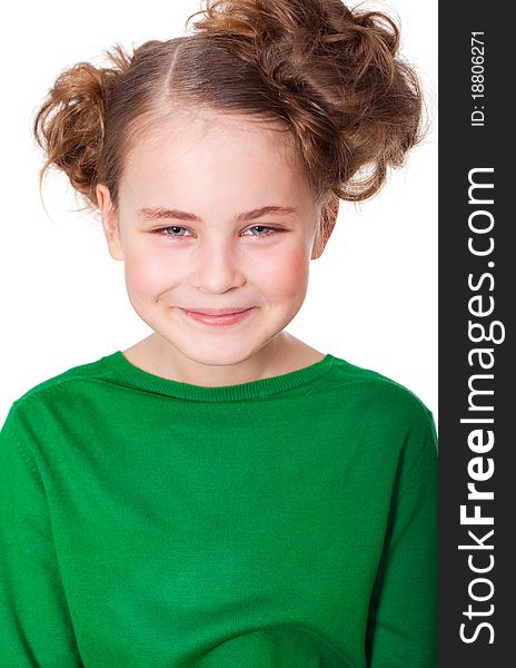 Closeup portrait of beautiful smiling girl with funny hairdress. Closeup portrait of beautiful smiling girl with funny hairdress