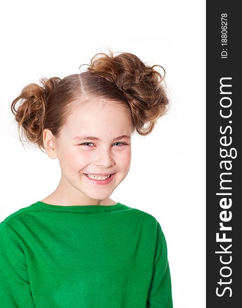 Closeup portrait of beautiful smiling girl with funny hairdress. Closeup portrait of beautiful smiling girl with funny hairdress
