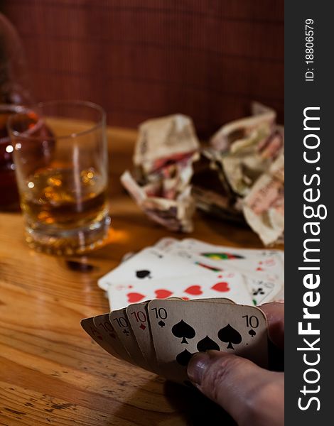 Play card (whisky, money, cards). Play card (whisky, money, cards)