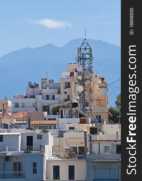 Agios Nikolaos, the old town. Roofs and upper floors.