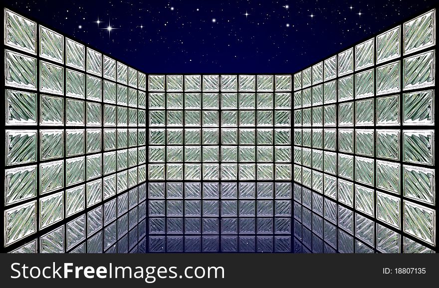 Glass Block Wall Room On Night Sky