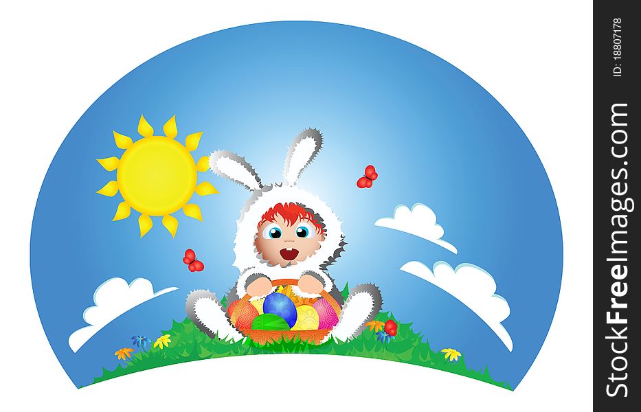 The boy in a suit of a rabbit holds a basket with Easter eggs