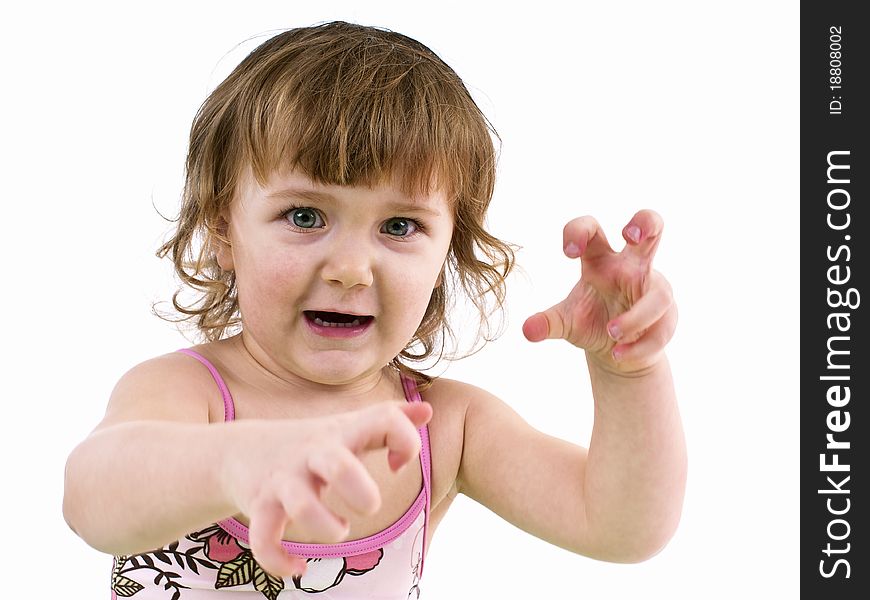 On a white background. A girl shows a tiger. On a white background. A girl shows a tiger