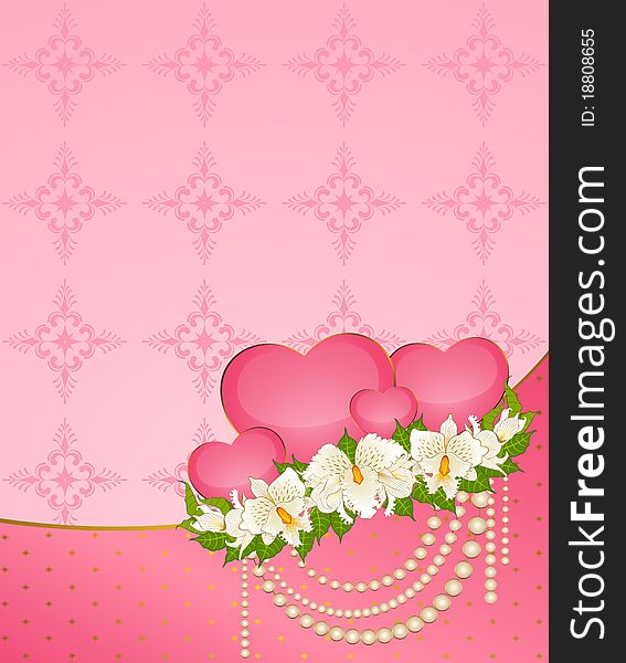 Background with hearts and beautiful orchids