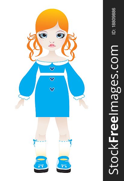 Doll in a blue dress: isolated illustration